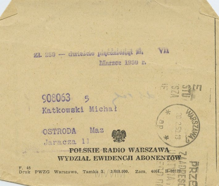 KKE 5444a.jpg - Dok. Rachunek czekowy na kwotę 250 polskich złotych w oddziale PKO, Ostróda, 20/22 II 1950 r.